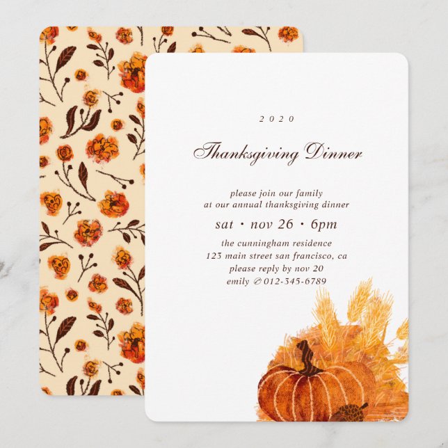 Invitación Moderna cena de Acción de Gracias con motivos de f (Anverso / Reverso)