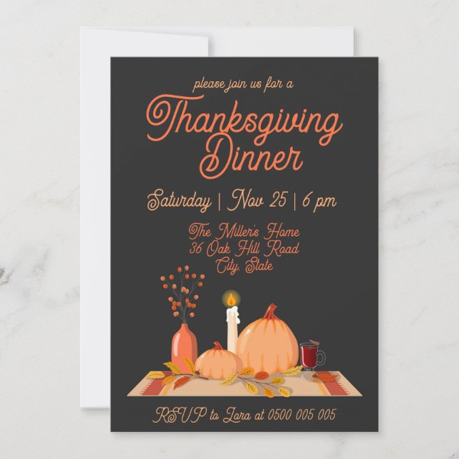 Invitación Moderna cena de Acción de Gracias de fondo negro (Anverso)