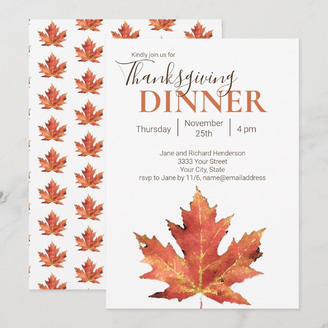 Invitación Moderna Cena de Acción de Gracias de Leaf de Otoño (Anverso / Reverso)