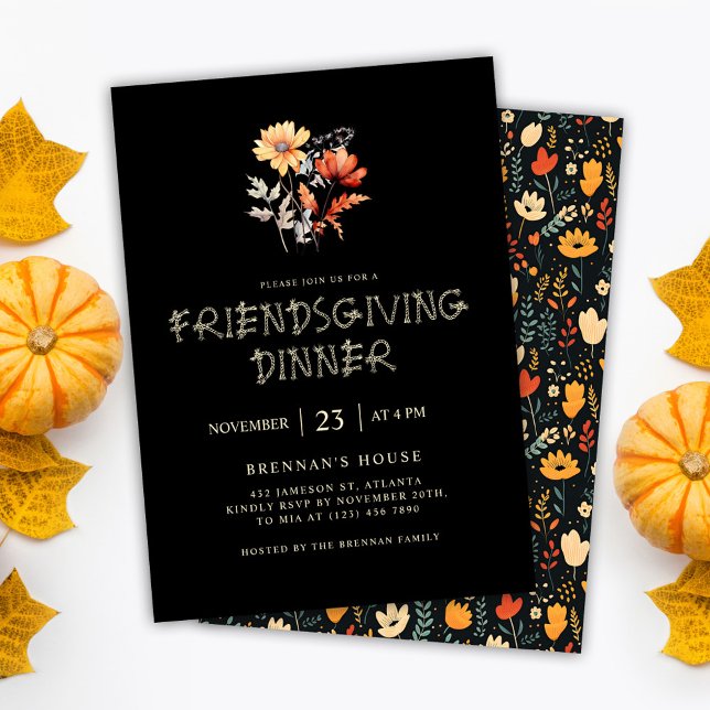 Invitación Moderna Cena De Acción De Gracias Elegante Amistad (Black Elegant Friendsgiving Dinner Invitation)