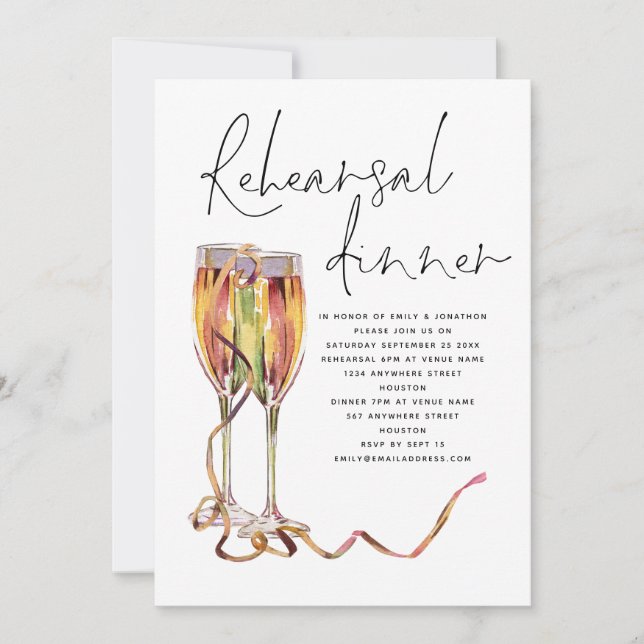 Invitación Moderna cena de Boda con guión de champán (Anverso)