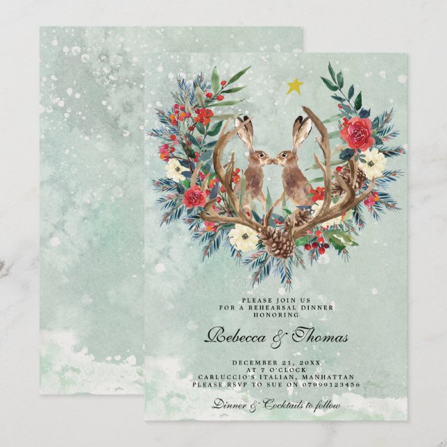 Invitación moderna cena de invierno floral hares (Anverso / Reverso)