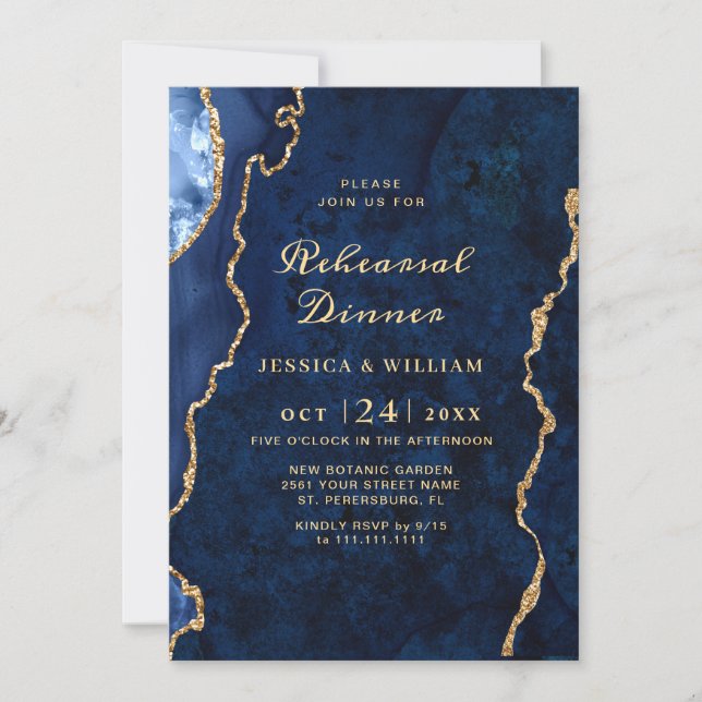 Invitación Moderna CENA REHEARSAL DE Mármol Azul de Oro Azul (Anverso)
