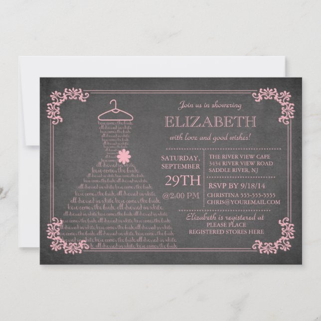 Invitación Moderna Chalkboard Boda rosa Vestido de novia duch (Anverso)