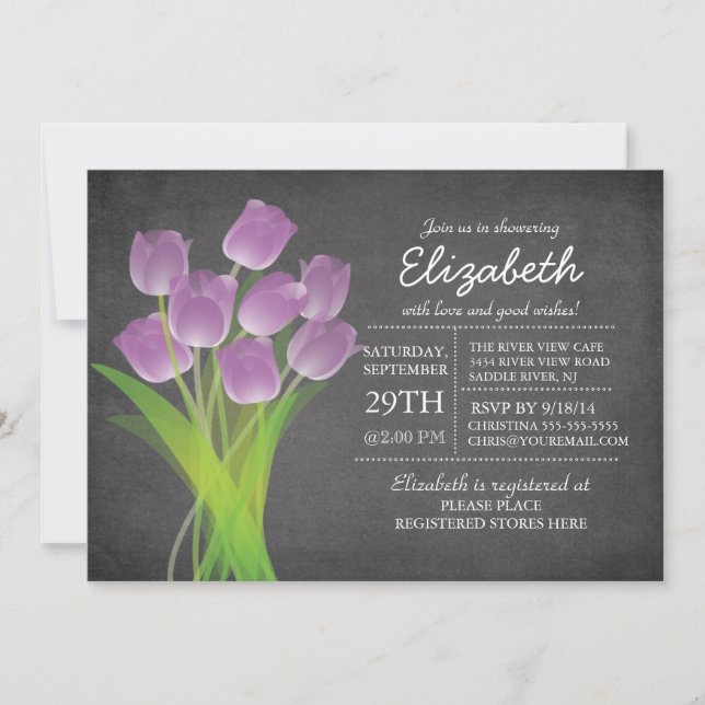 Invitación Moderna Chalkboard Tulip Purple Bridal Shower (Anverso)