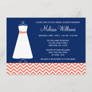 Invitación Moderna Chevron Gown Coral Navy Blue Bridal Shower