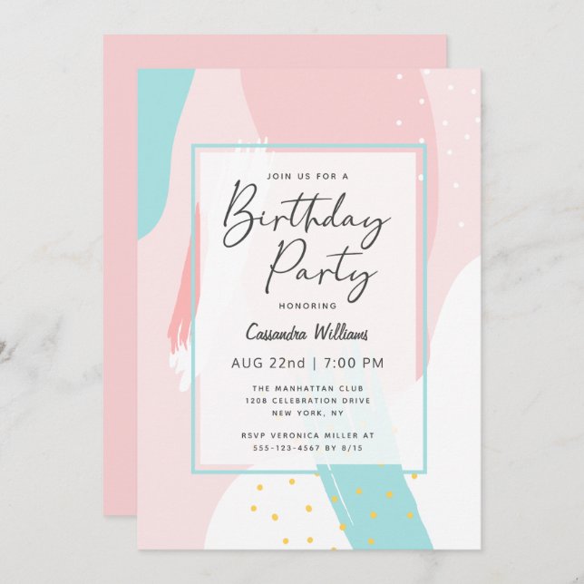 Invitación Moderna chica rosa resume fiesta de cumpleaños par (Anverso / Reverso)