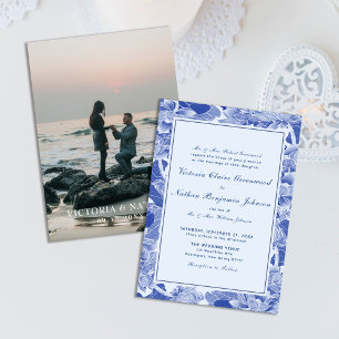 Invitación Moderna Chinoiserie retro azul con Boda de fotos
