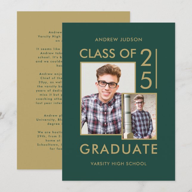 Invitación Moderna Clase De 25 Green 2 Fotos Open House (Anverso / Reverso)