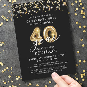 Invitación Moderna clase de 40 años Reunión Rasgos de Oro Neg