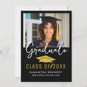 Invitación Moderna clase de negro y oro de 2025 Grad Cap Phot