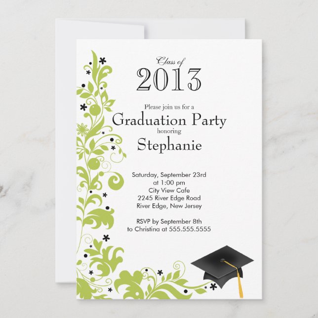 Invitación Moderna clase floral verde de la fiesta de graduac (Anverso)