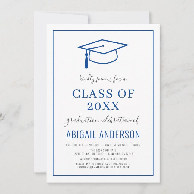 Invitación Moderna clase simple de la foto de graduación azul (Anverso)