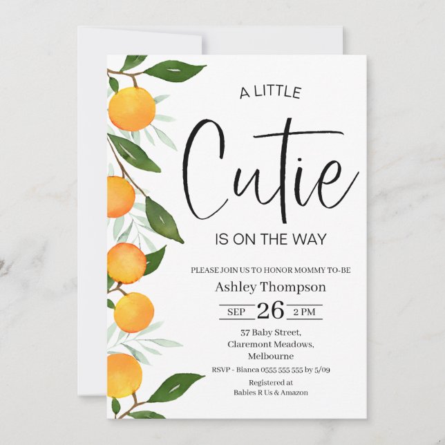 Invitación Moderna Clementine Little Cutie Baby Shower (Anverso)