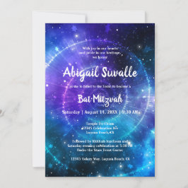 Invitación Moderna color azul púrpura galaxia bat Mitzvah