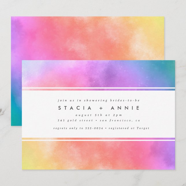 Invitación Moderna colorida acuarela Rainbow Bridal Shower (Anverso / Reverso)