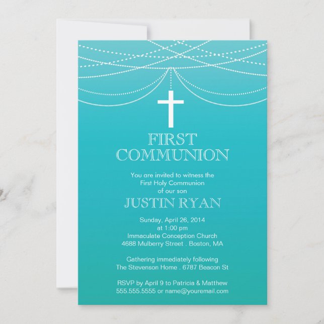Invitación Moderna comunicación Ombre Azul Garland Cross Boy (Anverso)