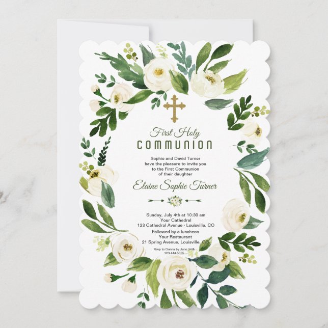 Invitación Moderna comunión floral blanca (Anverso)