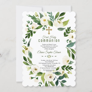 Invitación Moderna comunión floral blanca