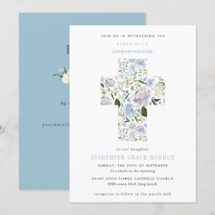Invitación Moderna Comunión floral de luz azul
