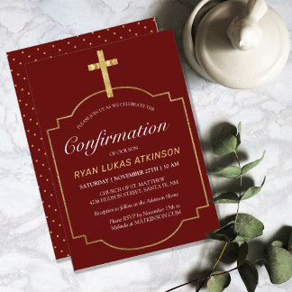 Invitación Moderna confirmación de cruz simple de oro en Borg