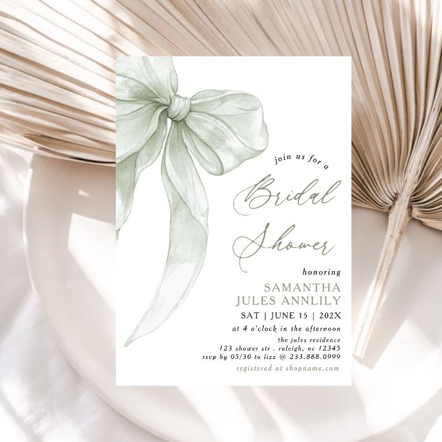 Invitación Moderna Coquette Sage Green Bow Bridal Shower (Subido por el creador)