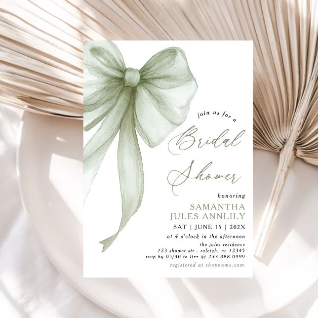 Invitación Moderna Coquette Sage Green Bow Bridal Shower (Subido por el creador)