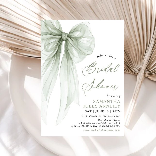 Invitación Moderna Coquette Sage Green Bow Bridal Shower (Subido por el creador)