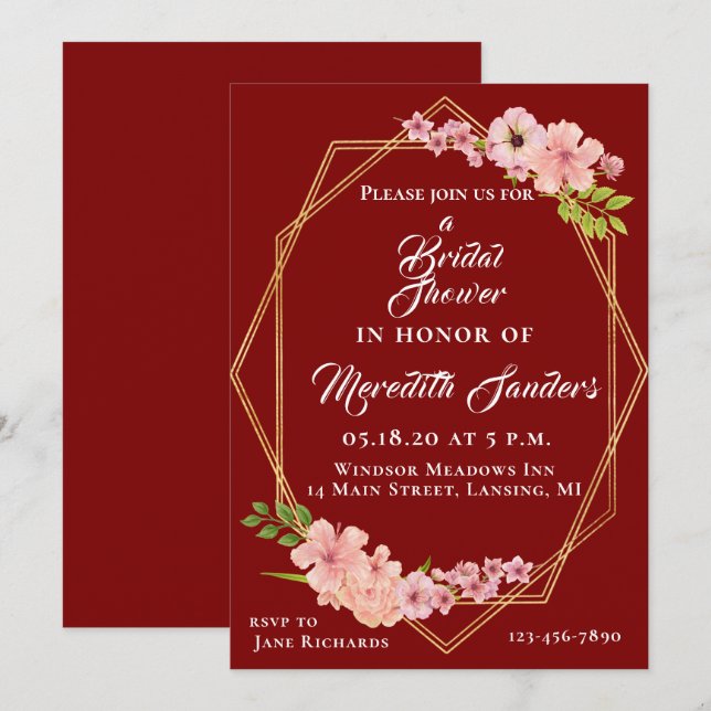 Invitación Moderna Cranberry Gold Y Rubor Pink Bridal Shower (Anverso / Reverso)