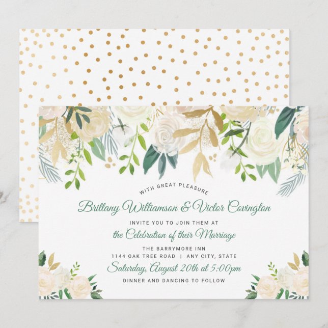 Invitación Moderna crema blanca Boda de la vegetación floral (Anverso / Reverso)