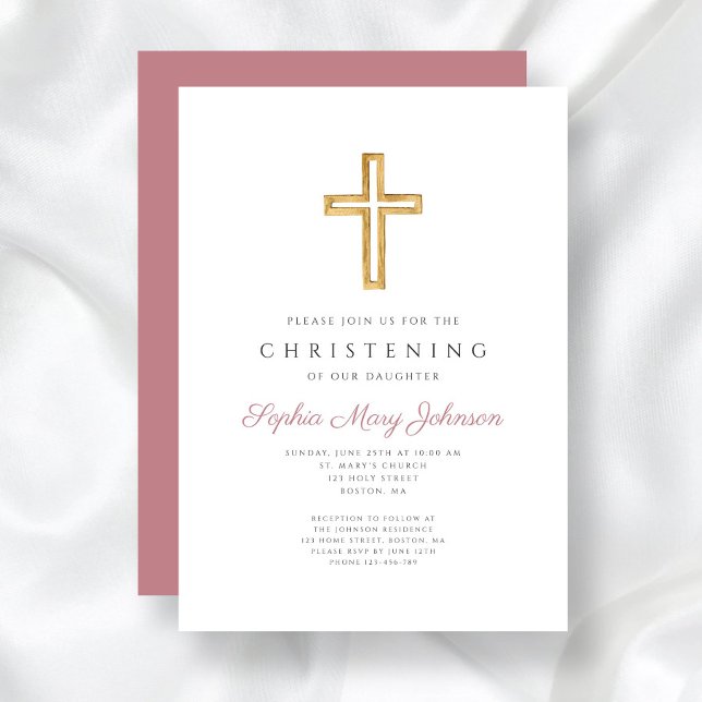 Invitación Moderna cristiandad Chica de cruz religiosa rosa (Modern Pink Religious Cross Girl Christening Invitation)