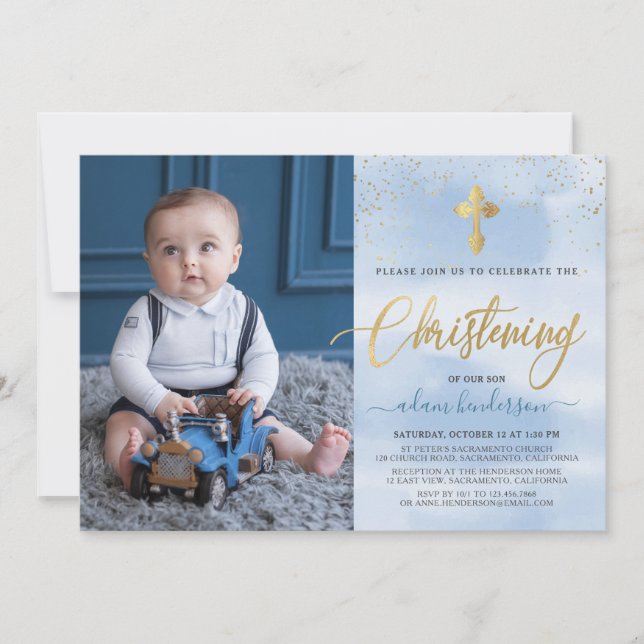Invitación Moderna Cristiandad De Fotos De Azul Y Oro (Anverso)