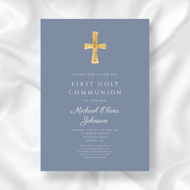 Invitación Moderna Cruz Azul Religiosa Niño Primera Comunión (Modern Blue Cross Religious Boy First Communion Invitation)