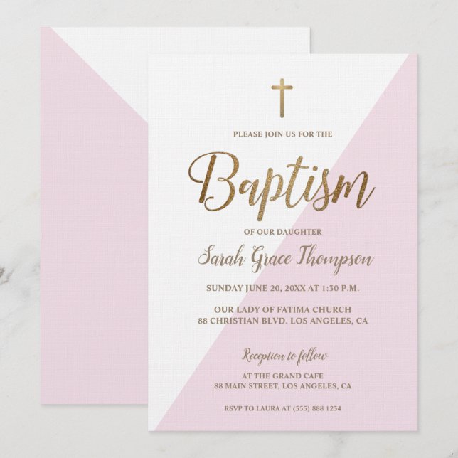 Invitación Moderna Cruz Blanca Rosa de Oro Blanco Bebé Bautis (Anverso / Reverso)