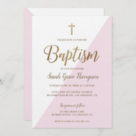 Invitación Moderna Cruz Blanca Rosa de Oro Blanco Bebé Bautis