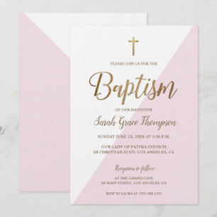Invitación Moderna Cruz Blanca Rosa de Oro Blanco Bebé Bautis