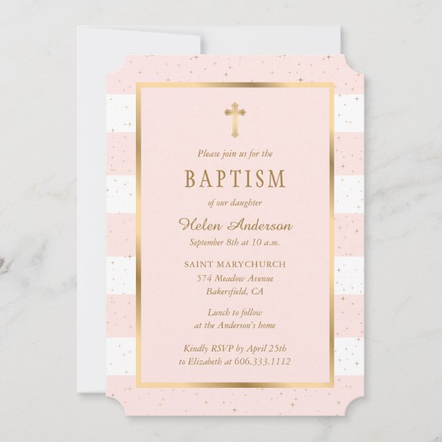 Invitación Moderna Cruz de Oro Rosa Estrellas Baptismo Chica (Anverso)