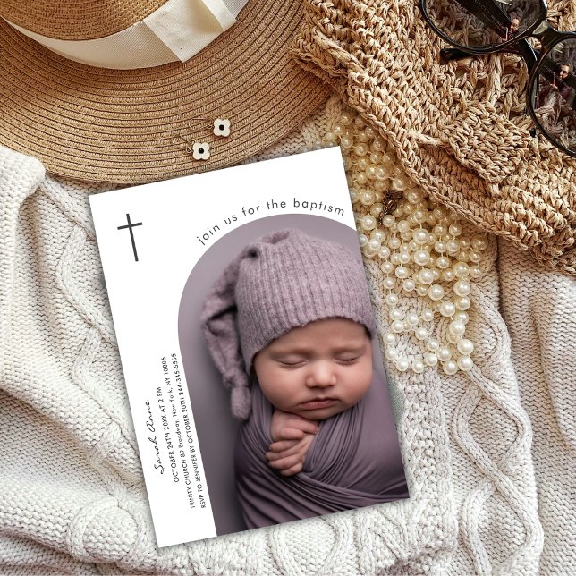Invitación Moderna Cruz del Arco Boho Baptismo Foto Baptismo (Modern Boho Arch Cross Baby Photo Baptism Invitation)