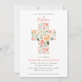 Invitación Moderna Cruz Floral Religiosa Rubor Peach Baptism