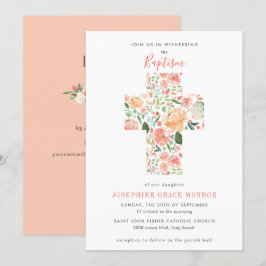 Invitación Moderna Cruz Floral Religiosa Rubor Peach Baptism