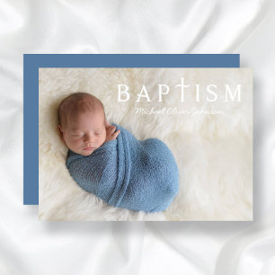 Invitación Moderna Cruz Religiosa Azul foto niño bautismo