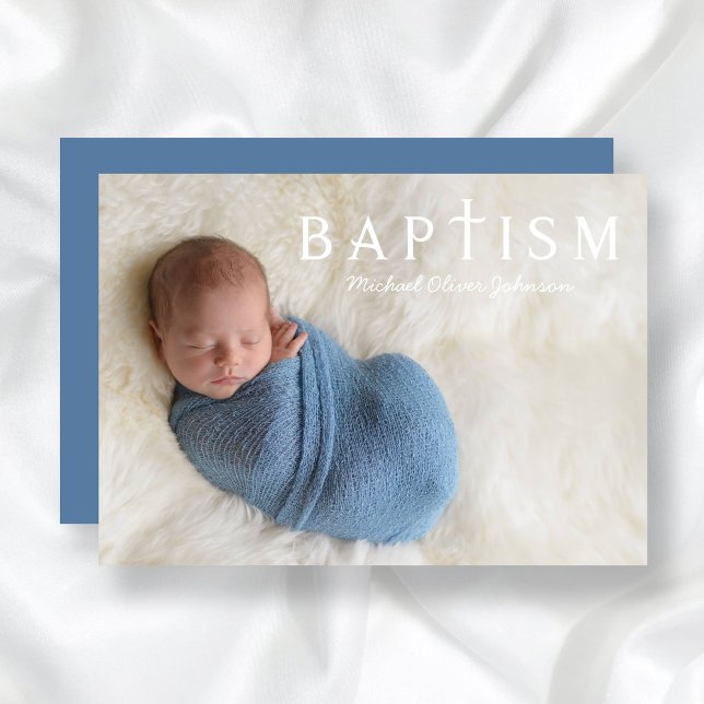 Invitación Moderna Cruz Religiosa Azul foto niño bautismo (Modern Blue Religious Cross Photo Boy Baptism Invitation)