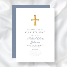 Invitación Moderna Cruz Religiosa Dusty Blue Christening