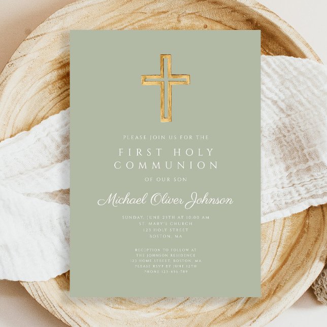 Invitación Moderna Cruz Verde Masaje Primera Comunión Religio (Modern Sage Green Cross Religious First Communion Invitation)