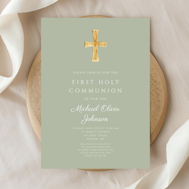 Invitación Moderna Cruz Verde Masaje Primera Comunión Religio (Modern Sage Green Cross Religious First Communion Invitation)