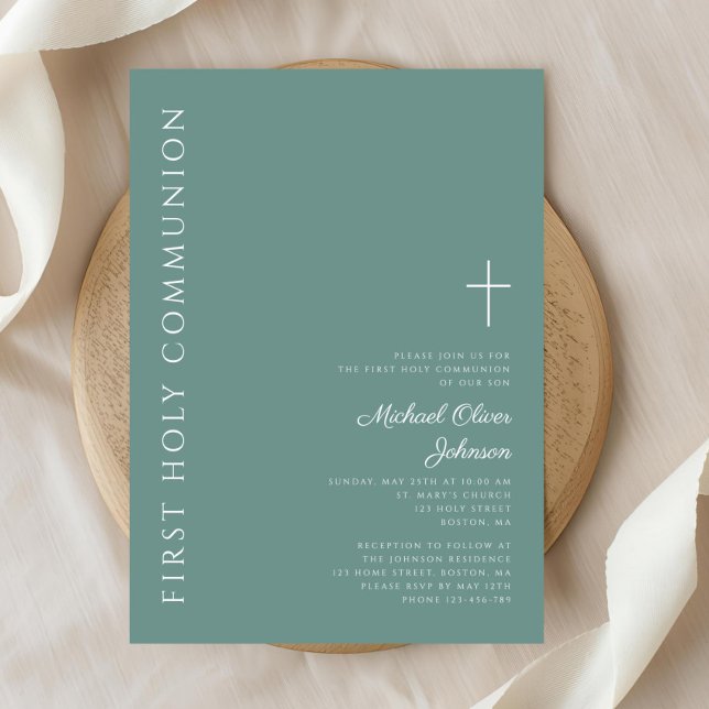 Invitación Moderna Cruz Verde Primero Santa Comunión (Modern Green Boy Cross First Holy Communion Invitation)