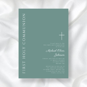 Invitación Moderna Cruz Verde Primero Santa Comunión