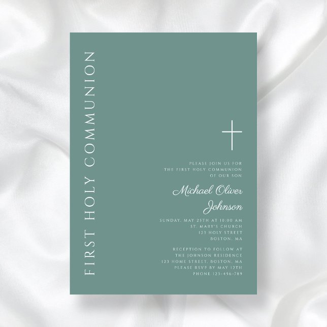 Invitación Moderna Cruz Verde Primero Santa Comunión (Modern Green Boy Cross First Holy Communion Invitation)