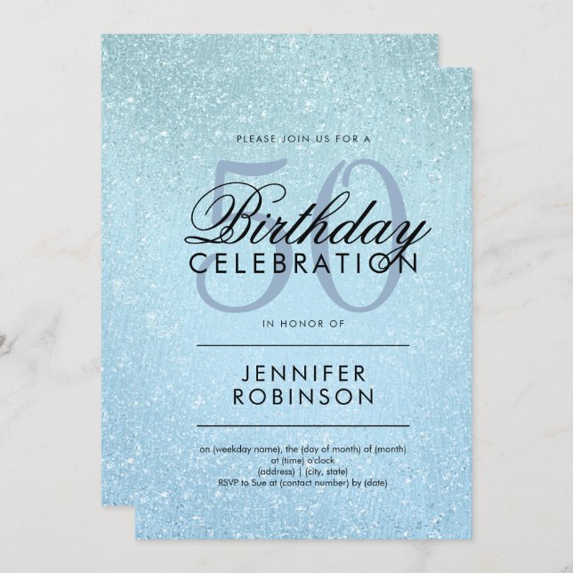 Invitación Moderna Cualquier Edad Alumnos Purpurina Azul Pint (Anverso / Reverso)