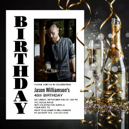 Invitación Moderna Cualquier Edad Black White Photo Birday Pa
